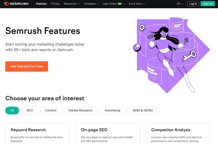 Semrush features landing page