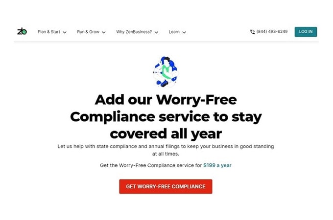 Screenshot of ZenBusiness webpage to add worry-free compliance service to stay covered all year