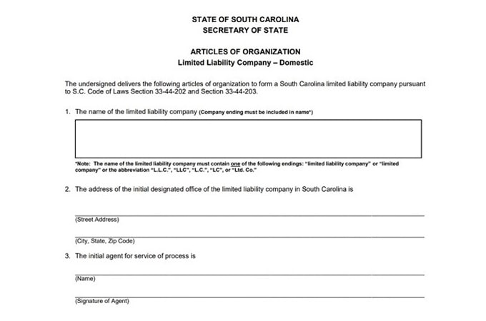 Example of South Carolina Articles of Organization form