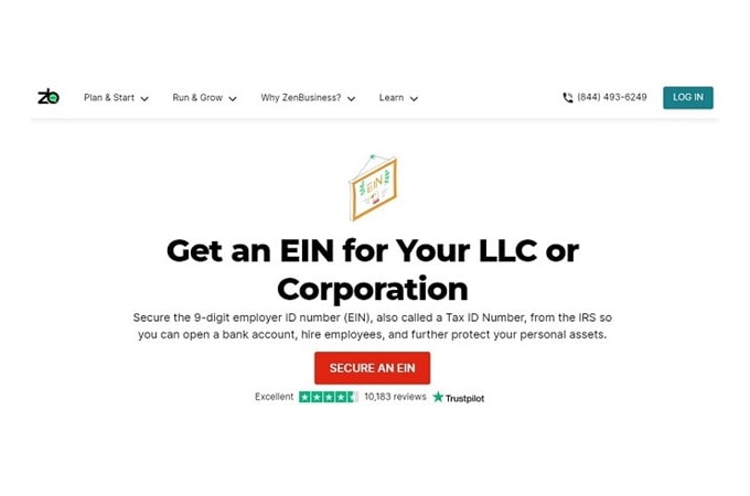 Screenshot of ZenBusiness webpage to get an EIN for your LLC or corporation