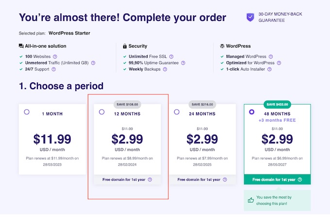 A screenshot of Hostinger's complete your order screen showing various periods of subscription with respective pricing and features.