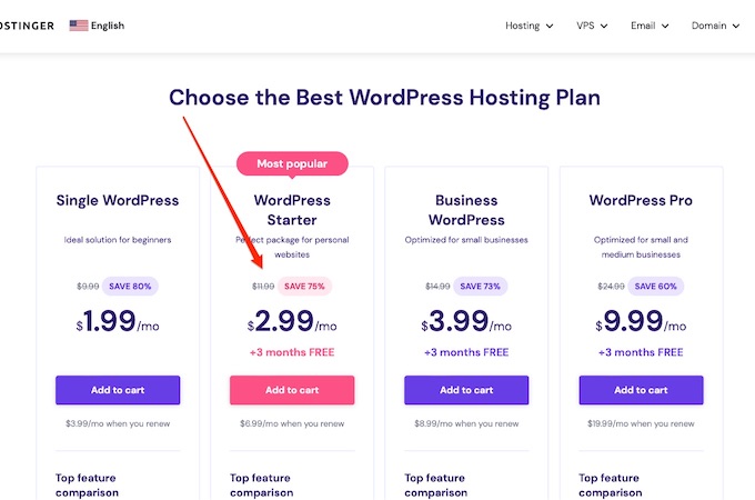 A screenshot of Hostinger's WordPress hosting plans.