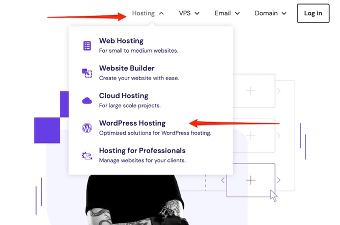 A screenshot of Hostinger's home page with red arrows showing where to navigate to for WordPress hosting.